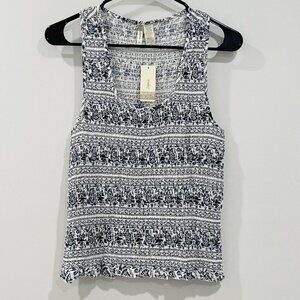 NWT Japna Smocked Ruched Tank Top Shirt Floral Blue White Size Large L